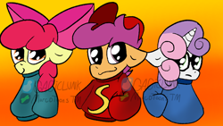 Size: 1600x900 | Tagged: safe, artist:gagiclunk, derpibooru import, apple bloom, scootaloo, sweetie belle, earth pony, pegasus, pony, unicorn, alvin and the chipmunks, clothes, crossover, cutie mark crusaders, horn, joke, trio