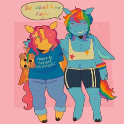 Size: 2800x2800 | Tagged: safe, artist:ariariari.png, derpibooru import, fluttershy, rainbow dash, anthro, pegasus, unguligrade anthro, g4, autism, autistic fluttershy, bra, burger, clothes, crop top bra, denim, duo, finger hooves, food, jeans, pants, please be patient i have autism, shirt, shorts, sports shorts, tallerdash, underwear