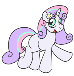 Size: 980x1005 | Tagged: safe, anonymous artist, derpibooru import, sweetie belle, pony, unicorn, /ptfg/, alternate design, alternate hairstyle, black outlines, blank flank, flower, flower in hair, horn, open mouth, open smile, simple background, smiling, solo, transparent background