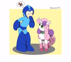 Size: 2048x1802 | Tagged: safe, artist:josuperex, derpibooru import, sweetie belle, sweetie bot, pony, robot, robot pony, crossover, duo, female, mega man, mega man (series), speech bubble