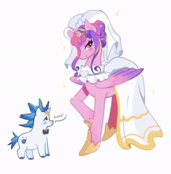 Size: 2014x2048 | Tagged: safe, artist:yemcbear, derpibooru import, princess cadance, shining armor, alicorn, pony, unicorn, g4, 2024, alternate hairstyle, blush scribble, blushing, bowtie, clothes, dialogue, dress, duo, duo male and female, female, folded wings, heart, heart eyes, height difference, hoof shoes, horn, horn ring, larger female, lidded eyes, male, mare, meme, messy mane, messy tail, princess shoes, raised hoof, raised leg, redraw, ring, shiningcadance, shipping, size difference, smaller male, smiling, sparkles, speech bubble, stallion, straight, tail, the bride and the ugly ass groom, toy interpretation, unshorn fetlocks, veil, wedding dress, wedding veil, wingding eyes, wings
