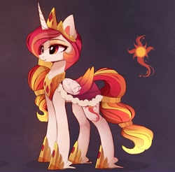 Size: 1963x1929 | Tagged: safe, alternate version, artist:magnaluna, derpibooru import, princess celestia, alicorn, pony, g4, alternate cutie mark, alternate hairstyle, alternate universe, cloak, clothes, crown, female, folded wings, hoof shoes, horn, jewelry, mare, peytral, princess shoes, regalia, smiling, solo, wings, zefiros codex