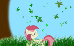 Size: 1920x1200 | Tagged: safe, artist:the-jefe, derpibooru import, roseluck, earth pony, pony, g4, eyes closed, female, grass, leaves, mare, solo, wallpaper