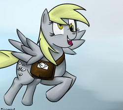 Size: 800x721 | Tagged: safe, artist:microgrid, derpibooru import, derpy hooves, pegasus, g4, bag, mailbag, signature