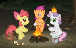 Size: 952x600 | Tagged: safe, artist:alevgor, derpibooru import, apple bloom, scootaloo, sweetie belle, earth pony, pegasus, pony, unicorn, g4, apple core, bag, campfire, crossbow, cutie mark crusaders, eating, fire, food, herbivore, horn, marshmallow, on fire, saddle bag, this will end in tears and/or death and/or covered in tree sap, weapon