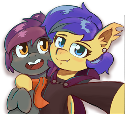 Size: 3271x3000 | Tagged: safe, artist:mikeylokey, derpibooru import, oc, oc only, oc:anneal, oc:skyé, bat pony, bat pony oc, clothes, female, femboy, male, scarf