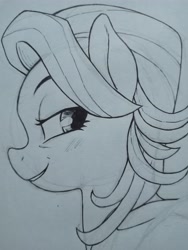 Size: 3072x4096 | Tagged: safe, artist:public mistake, derpibooru import, spoiled rich, earth pony, pony, bust, female, grayscale, grin, lidded eyes, looking back, mare, monochrome, smiling, traditional art