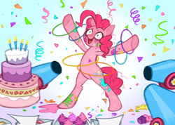 Size: 1024x728 | Tagged: safe, artist:t0byinthesky, derpibooru import, pinkie pie, earth pony, pony, g4, bags under eyes, bipedal, bloodshot eyes, cake, candle, confetti, female, food, loop-de-hoop, mlp infection, party cannon, solo