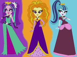 Size: 788x581 | Tagged: safe, artist:megatoon1234, derpibooru import, adagio dazzle, aria blaze, sonata dusk, human, equestria girls, g4, base used, clothes, dress, long dress, long skirt, skirt, the dazzlings