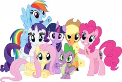 Size: 1280x864 | Tagged: safe, derpibooru import, edit, edited screencap, screencap, applejack, fluttershy, pinkie pie, rainbow dash, rarity, spike, twilight sparkle, alicorn, dragon, earth pony, pegasus, pony, unicorn, g4, twilight's kingdom, female, horn, male, mane six, simple background, white background