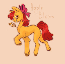 Size: 1480x1454 | Tagged: safe, artist:blizzardflame, derpibooru import, apple bloom, earth pony, pony, concave belly, female, filly, foal, grin, leg fluff, looking at you, orange background, raised hoof, raised leg, simple background, smiling, solo, text, unshorn fetlocks