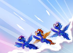 Size: 1140x840 | Tagged: safe, derpibooru import, fleetfoot, soarin', spitfire, fanfic:head in the clouds, fanfic:piercing the heavens, clothes, fanfic art, flying, light, remake, sky, uniform, wonderbolts, wonderbolts uniform