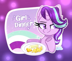 Size: 1601x1356 | Tagged: safe, artist:lbrcloud, derpibooru import, starlight glimmer, pony, unicorn, g4, celery, chest fluff, dinner, ear fluff, ears, eye clipping through hair, eyebrows, eyebrows visible through hair, female, food, grin, horn, mare, plate, smiling, smug, solo, text, underhoof