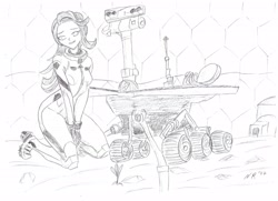Size: 3519x2550 | Tagged: safe, artist:naughty_ranko, derpibooru import, starlight glimmer, human, g4, humanized, mars exploration rover, mars rover, monochrome, opportunity, spacesuit, traditional art