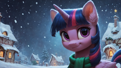 Size: 1920x1080 | Tagged: safe, ai content, derpibooru import, generator:pony diffusion v6 xl, generator:stable diffusion, machine learning generated, twilight sparkle, twilight sparkle (alicorn), alicorn, pony, g4, christmas, clothes, ear fluff, ears, female, holiday, looking at you, mare, ponyville, prompter:truekry, scarf, smiling, smiling at you, snow, snowfall, wallpaper, winter