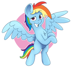 Size: 2628x2444 | Tagged: safe, artist:doodledonutart, derpibooru import, rainbow dash, pegasus, pony, g4, bipedal, chest fluff, circle background, female, high res, looking at you, mare, simple background, smiling, smiling at you, solo, spread wings, white background, wings