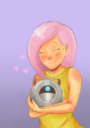 Size: 708x1000 | Tagged: safe, artist:otakubox25, derpibooru import, fluttershy, human, crossover, gradient background, humanized, personality core, portal (valve), portal 2, wheatley