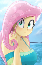 Size: 1970x3000 | Tagged: safe, artist:theretroart88, derpibooru import, fluttershy, human, equestria girls, g4, arms, breasts, bust, cleavage, clothes, dress, female, fluttershy boho dress, hair twirl, hand, hootershy, long hair, looking at you, makeup, ocean, solo, standing, stupid sexy fluttershy, teenager, water, watermark