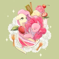 Size: 2048x2048 | Tagged: safe, artist:水上麋鹿, derpibooru import, fluttershy, pinkie pie, earth pony, pegasus, pony, abstract background, duo, eyes closed, female, food, ice cream, mare, pink coat, pink mane, smiling, sparkles, yellow coat