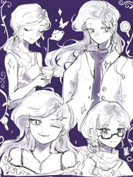 Size: 3000x4000 | Tagged: safe, artist:水上麋鹿, derpibooru import, rarity, human, pony, eyes closed, glasses, humanized, one eye closed, purple background, simple background, sketch, sketch dump, smiling, wink