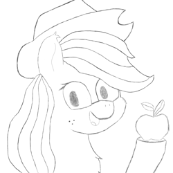 Size: 874x874 | Tagged: safe, artist:theonlyone, derpibooru import, applejack, earth pony, pony, accessory, apple, chest fluff, ear fluff, ears, food, hat, looking at you, raised hoof, raised leg, simple background, sketch, solo