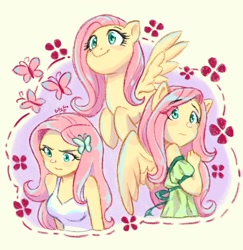 Size: 977x1004 | Tagged: safe, artist:f0xy1212, derpibooru import, fluttershy, butterfly, human, pegasus, pony, equestria girls, g4, blushing, breasts, clothes, cute, eye clipping through hair, eyebrows, eyebrows visible through hair, female, hootershy, human ponidox, mare, off shoulder, ponied up, self paradox, self ponidox, shyabetes, simple background, smiling, solo, spread wings, triality, wings, yellow background