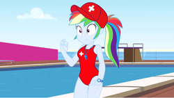 Size: 1920x1080 | Tagged: safe, artist:mlpfan3991, derpibooru exclusive, derpibooru import, rainbow dash, human, better together, equestria girls, g4, spring breakdown, clothes, diving board, female, lifeguard, lifeguard dash, one-piece swimsuit, ponytail, rainbow dashs coaching whistle, red swimsuit, solo, speedo, swimming pool, swimsuit, whistle