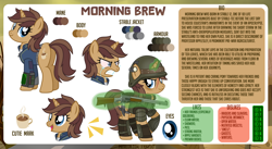 Size: 1500x819 | Tagged: safe, artist:jennieoo, derpibooru import, oc, oc:morning brew, pony, unicorn, fallout equestria, angry, armor, bio, clothes, crying, cutie mark, dislikes, eye, eyes, gun, happy, horn, jumpsuit, likes, looking at you, looking back, magic, magic aura, pipbuck, reference sheet, show accurate, smiling, smiling at you, solo, telekinesis, vault suit, vector, weapon