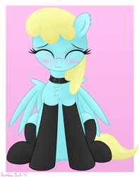 Size: 2948x3750 | Tagged: safe, artist:rainbowšpekgs, derpibooru import, sassaflash, pegasus, pony, g4, :3, ^^, background pony, blushing, chest fluff, clothes, collar, eyes closed, sitting, smiling, socks, spread wings, wings