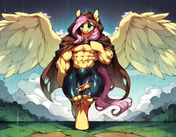 Size: 1024x800 | Tagged: safe, ai content, derpibooru import, generator:purplesmart.ai, generator:stable diffusion, machine learning generated, fluttershy, pegasus, pony, semi-anthro, g4, abs, belly button, bipedal, cloak, clothes, cloud, cloudy, female, ground, hood, mountain, muscles, muscular female, outdoors, overdeveloped muscles, prompter:enterusxrname, rain, skirt, sky, solo, spread wings, torn clothes, tree, walking, wings
