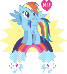 Size: 1858x2048 | Tagged: safe, derpibooru import, rainbow dash, pegasus, pony, g4, blue coat, cloud, design, female, heart, lightning, mare, multicolored mane, multicolored tail, official, partially transparent background, rain, rainbow, simple background, smiling, solo, sparkles, spread wings, standing on a rainbow, stock vector, stripes, sun, text, transparent background, vector, wings, zazzle