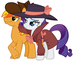 Size: 1160x980 | Tagged: safe, artist:jadeharmony, derpibooru import, rarity, oc, oc:firey ratchet, pegasus, pony, unicorn, g4, clothes, detective, detective rarity, duo, duo male and female, fedora, female, hat, horn, male, mare, simple background, stallion, transparent background, trenchcoat