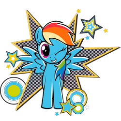 Size: 2048x2048 | Tagged: artist needed, safe, derpibooru import, part of a set, rainbow dash, pegasus, pony, g4, black outlines, circle, female, grin, looking at you, mare, official, one eye closed, partially transparent background, smiling, solo, spread wings, stars, wings, wink, winking at you, zazzle