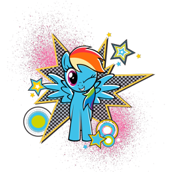 Size: 2048x2048 | Tagged: artist needed, safe, derpibooru import, part of a set, rainbow dash, pegasus, pony, g4, black outlines, circle, female, grin, looking at you, mare, official, one eye closed, paint splatter, partially transparent background, smiling, solo, spread wings, stars, wings, wink, winking at you, zazzle