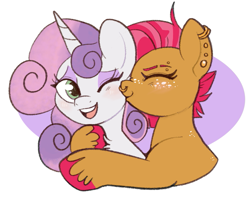 Size: 865x700 | Tagged: safe, artist:lulubell, derpibooru import, babs seed, sweetie belle, earth pony, pony, unicorn, female, horn, kiss on the cheek, kissing, lesbian, older, ship:babsbelle, shipping