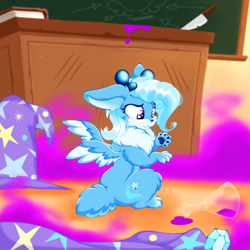 Size: 2500x2500 | Tagged: safe, artist:rurihal, derpibooru import, trixie, wolpertinger, book, cape, chalkboard, desk, female, fluffy, hat, implied transformation, knife, paws, potion, solo, species swap, spilled drink, trixie's cape, trixie's hat, wings