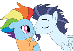 Size: 1022x720 | Tagged: safe, artist:dasher666, derpibooru import, rainbow dash, soarin', pegasus, pony, the last problem, blushing, female, kissing, male, mare, nose kiss, older, older rainbow dash, older soarin', older soarindash, shipping, soarindash, stallion, straight