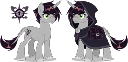 Size: 4000x1951 | Tagged: safe, artist:heilos, derpibooru import, idw, shadow lock, classical unicorn, pony, unicorn, collaboration, g4, alternate design, alternate universe, bag, bags under eyes, cloak, clothes, cloven hooves, context in description, cutie mark, descendant, frown, high res, hood, horn, idw showified, leonine tail, male, redesign, reference, saddle bag, scar, simple background, solo, stallion, tail, transparent background, unshorn fetlocks, vector