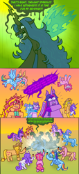 Size: 1600x3506 | Tagged: safe, artist:dapper-lil-arts, applejack, fluttershy, pinkie pie, queen chrysalis, rainbow dash, rarity, starlight glimmer, sunset shimmer, trixie, twilight sparkle, twilight sparkle (alicorn), alicorn, changeling, changeling queen, earth pony, pegasus, pony, unicorn, alternate hairstyle, bug spray, colored hooves, comic, defeated, dialogue, female, hoof hold, looking at you, mane six, mare, open mouth, pinkie being pinkie, raid, sharp teeth, speech bubble