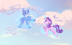 Size: 1600x1000 | Tagged: safe, artist:mirtash, artist:spicysushidog, derpibooru import, starlight glimmer, trixie, pony, unicorn, g4, blue mane, blue tail, chest fluff, cloud, concave belly, concerned, dialogue, duo, duo female, ear fluff, ears, female, floating, floppy ears, glowing, glowing horn, hoof heart, hoofy-kicks, horn, lesbian, levitation, looking at someone, looking down, magic, magic aura, mare, motion lines, open mouth, open smile, outdoors, pink eyes, profile, redraw, shipping, sky, sky background, smiling, startrix, tail, talking, teeth, telekinesis, text, two toned mane, two toned tail, underhoof, unicorn horn, wavy mane, wavy tail, wingding eyes