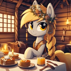 Size: 1024x1024 | Tagged: safe, ai content, derpibooru import, machine learning generated, derpy hooves, pony, g4, blini, clothes, drink, female, food, mare, pancakes, shrovetide, slavic, solo