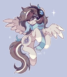 Size: 843x964 | Tagged: safe, artist:flixanoa, derpibooru import, oc, oc only, oc:percy pawz, pegasus, pony, bags under eyes, bigender, brown mane, brown tail, chest fluff, clothes, coat markings, colored wings, colored wingtips, eye clipping through hair, eyebrows, eyebrows visible through hair, fetlock tuft, flying, gray background, hair accessory, hairclip, headphones, leg fluff, long mane, long tail, looking away, messy mane, messy tail, multicolored mane, multicolored tail, one eye closed, outline, pegasus oc, scarf, signature, simple background, smiling, socks (coat marking), solo, sparkles, sparkly mane, sparkly tail, spread wings, starry eyes, tail, teal eye, two toned wings, wingding eyes, wings