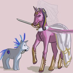 Size: 1800x1800 | Tagged: safe, artist:mirainette, derpibooru import, princess cadance, shining armor, alicorn, pony, unicorn, g4, 2024, alternate hairstyle, clothes, dress, duo, duo male and female, female, height difference, hoers, hoof shoes, horn, horn ring, ides of march, knife, larger female, male, mare, meme, messy mane, messy tail, mouth hold, princess shoes, raised hoof, raised leg, redraw, ring, shiningcadance, shipping, simple background, size difference, smaller male, spread wings, stallion, straight, sword, tail, the bride and the ugly ass groom, toy interpretation, veil, weapon, wedding dress, wedding veil, wings