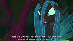 Size: 1280x720 | Tagged: safe, derpibooru import, edit, edited screencap, editor:jaredking779, screencap, queen chrysalis, changeling, changeling queen, g4, season 8, the mean 6, angry, caption, female, solo, text