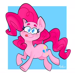 Size: 1869x1888 | Tagged: safe, artist:squididdlee, derpibooru import, pinkie pie, earth pony, pony, g4, colored pupils, female, looking at you, mare, passepartout, ponk, signature, simple background, smiling, smiling at you, solo, tongue, tongue out, white background