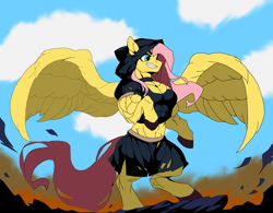 Size: 4096x3200 | Tagged: safe, artist:enterusxrname, derpibooru import, fluttershy, pegasus, pony, g4, absurd resolution, belly button, bipedal, choker, cloak, clothes, cloud, dust, evil grin, female, fire, flowing mane, flowing tail, grin, ibispaint x, multiple variants, muscles, muscleshy, muscular female, rock, skirt, smiling, solo, spread wings, tail, torn clothes, wings