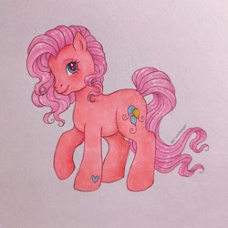 Size: 1080x1080 | Tagged: safe, artist:dariarchangel, derpibooru import, pinkie pie (g3), earth pony, pony, g3, curly hair, curly mane, looking at you, raised hoof, raised leg, smiling, smirk, solo, traditional art