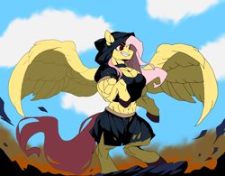 Size: 4096x3200 | Tagged: safe, alternate version, artist:enterusxrname, derpibooru import, fluttershy, bat pony, pegasus, pony, g4, absurd resolution, bipedal, clothes, cloud, destruction, dust, fangs, female, fire, flowing mane, flowing tail, hood, ibispaint x, multiple variants, muscles, muscleshy, muscular female, red eyes, rock, skirt, solo, spread wings, tail, torn clothes, wings
