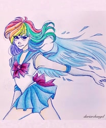 Size: 1080x1298 | Tagged: safe, artist:dariarchangel, derpibooru import, part of a set, rainbow dash, human, g4, crossover, female, humanized, sailor moon (series), sailor senshi, solo, traditional art, windswept hair, winged humanization, wings