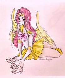Size: 1080x1298 | Tagged: safe, artist:dariarchangel, derpibooru import, part of a set, angel bunny, fluttershy, human, rabbit, g4, animal, crossover, duo, female, humanized, sailor moon (series), sailor senshi, sitting, traditional art, winged humanization, wings